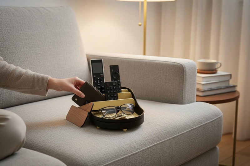 Sofa Hub Couch Organizer | 3D Printed Armrest Tray for Remote Controls, Phone, Drinks & Glasses